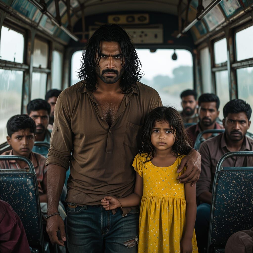 Disturbing Realistic Scene: Man and Girl in Rundown Bus
