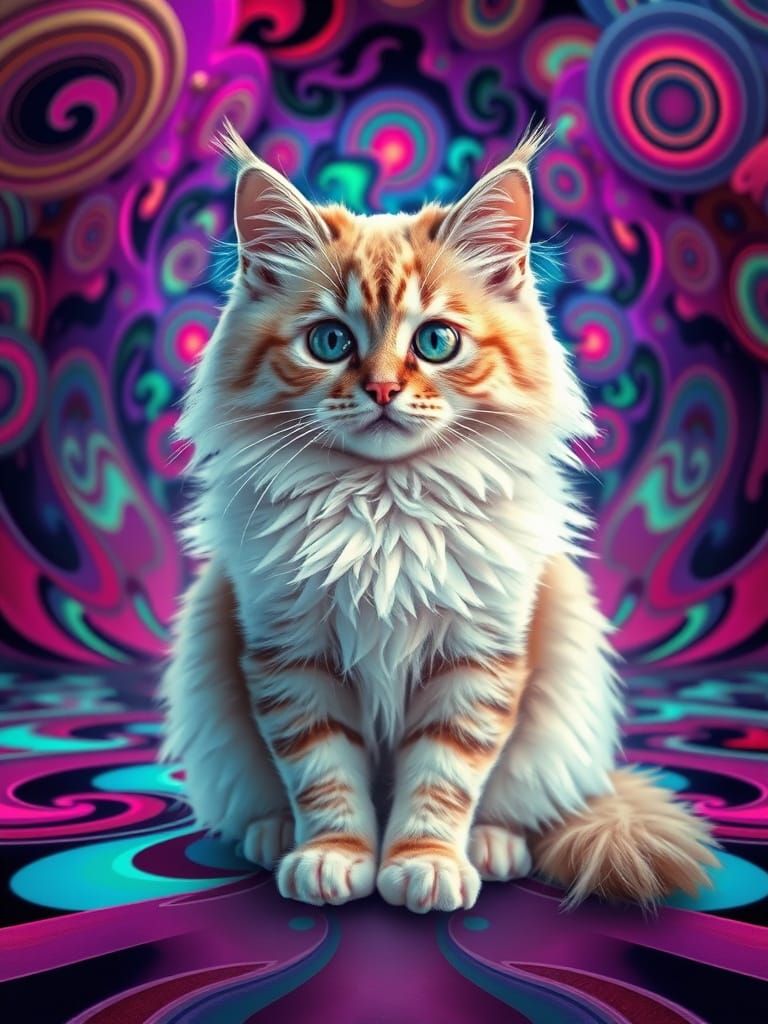 Fluffy Cat in Vibrant Illusion Pattern