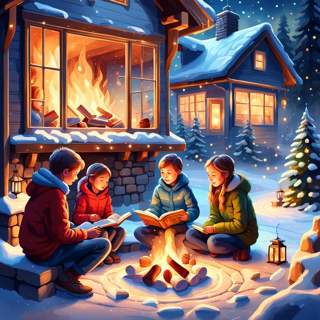 Cozy Family Evening by Fireplace: Digital Painting