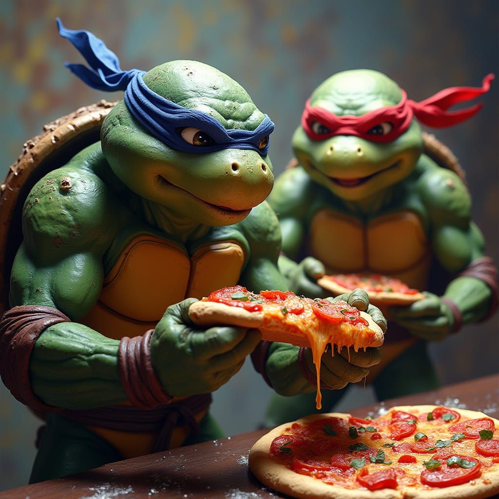 Turtles Savor Hyperrealistic Pizza Feast