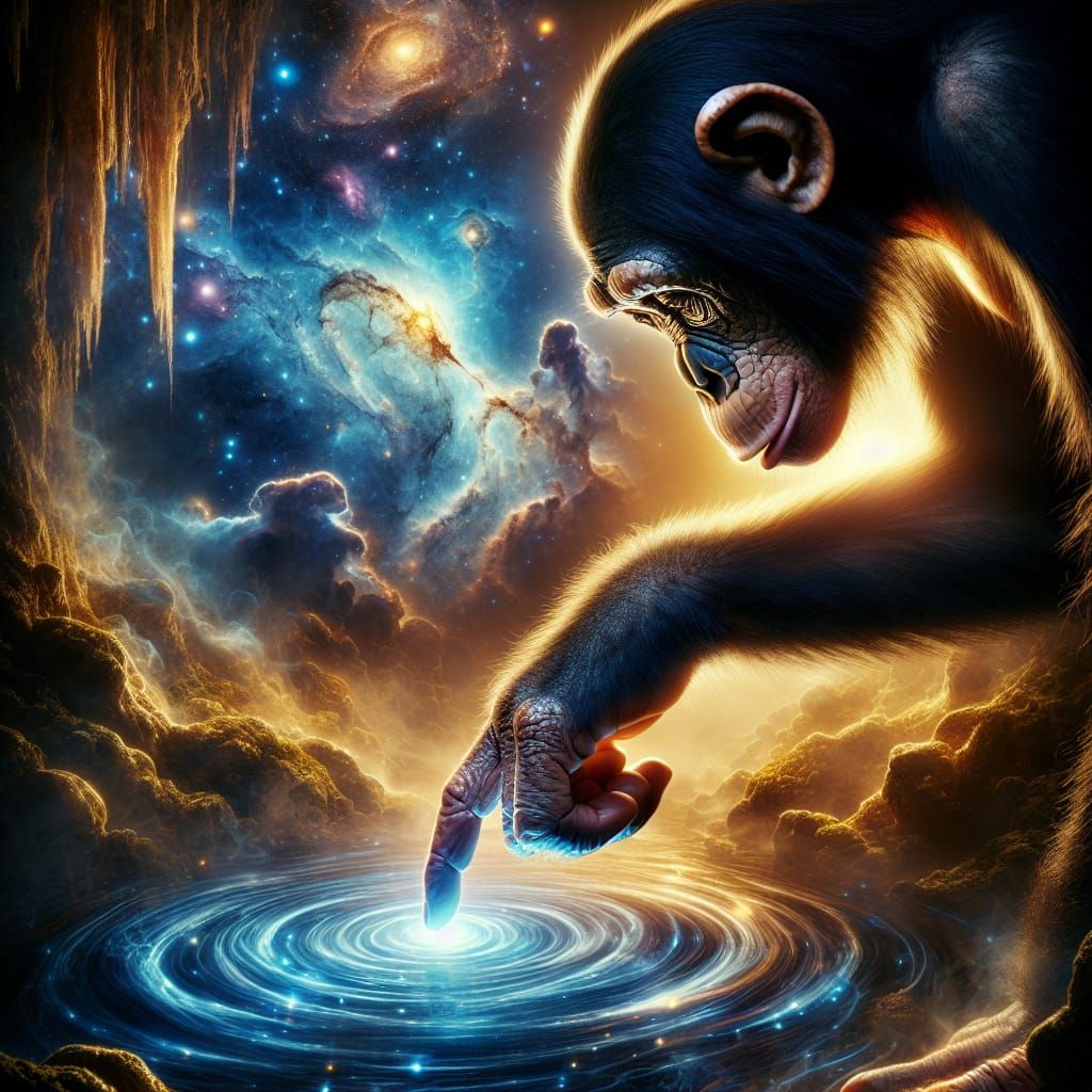 Bonobo Touching a Pond in a Glowing Cave