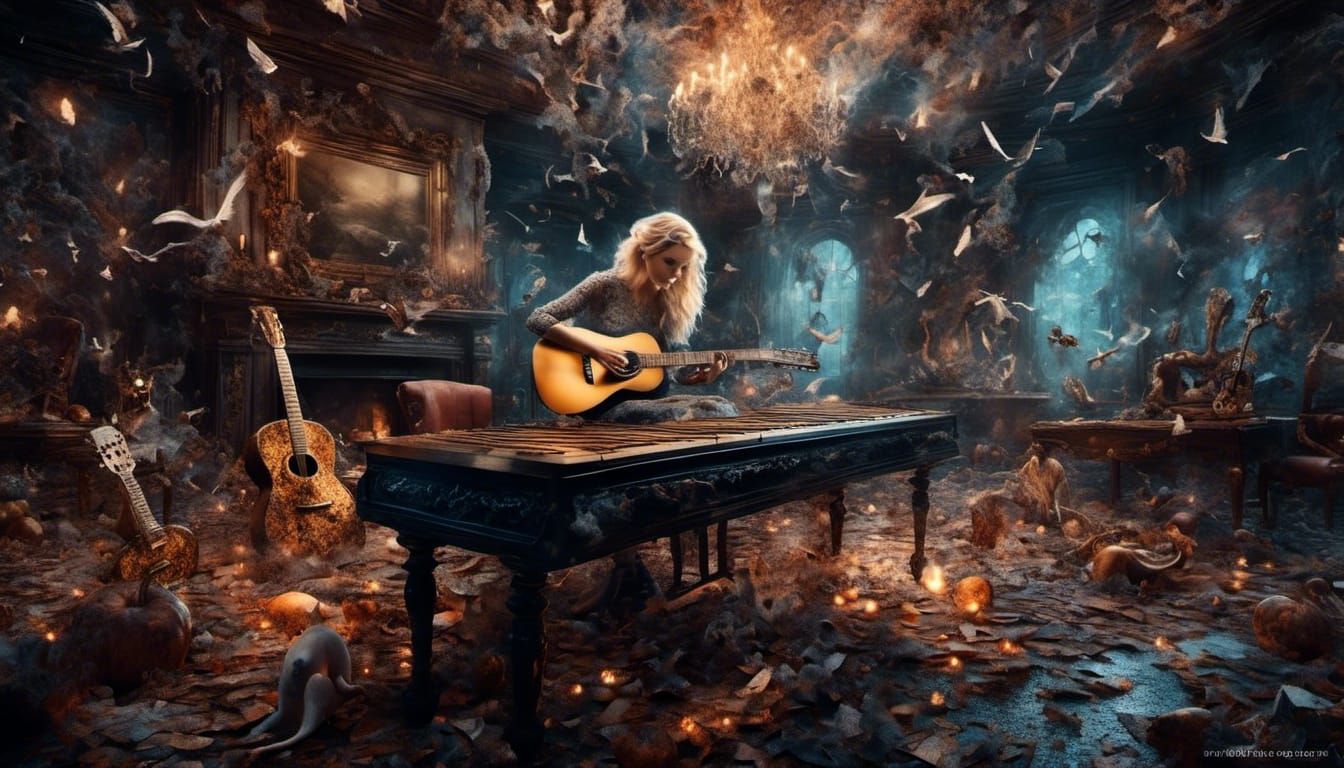 Blonde Woman Writing Music in Hyperdetailed Room