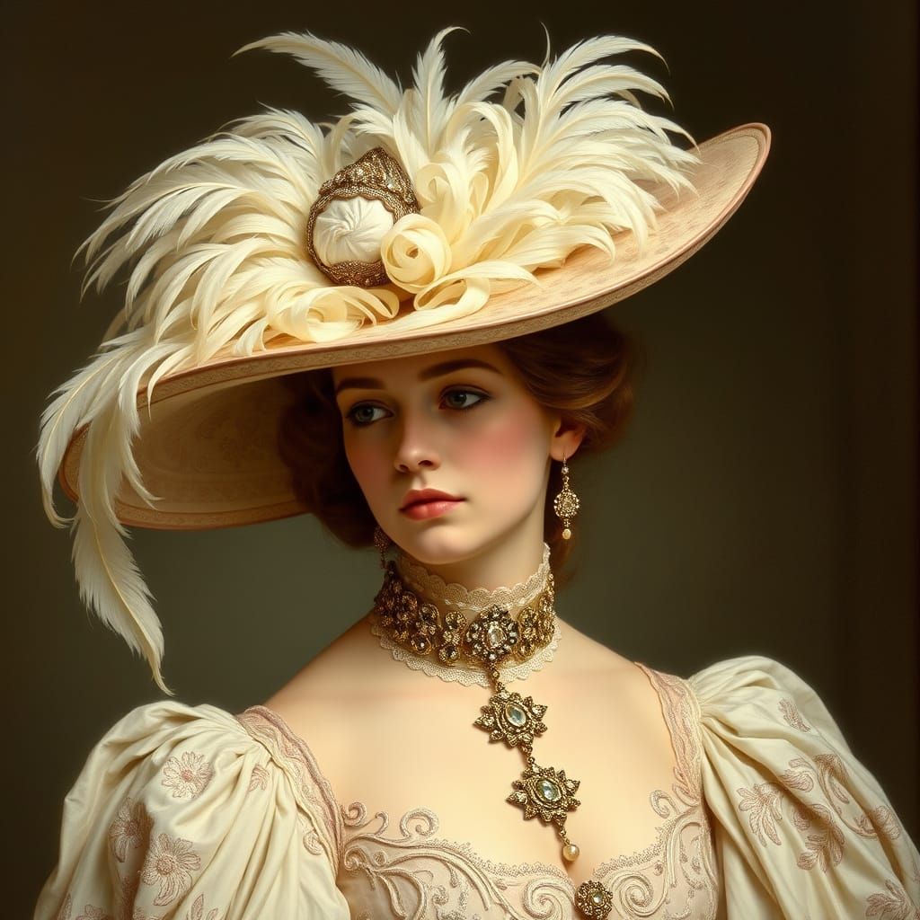 Woman in Gown with Majestic Hat, Art Nouveau