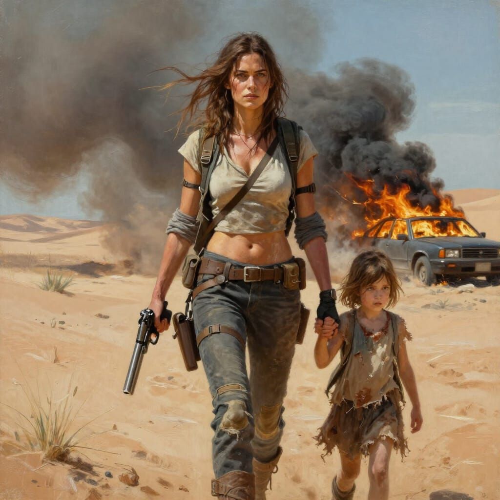 Post-Apocalyptic Survivors in Desert Oil Painting