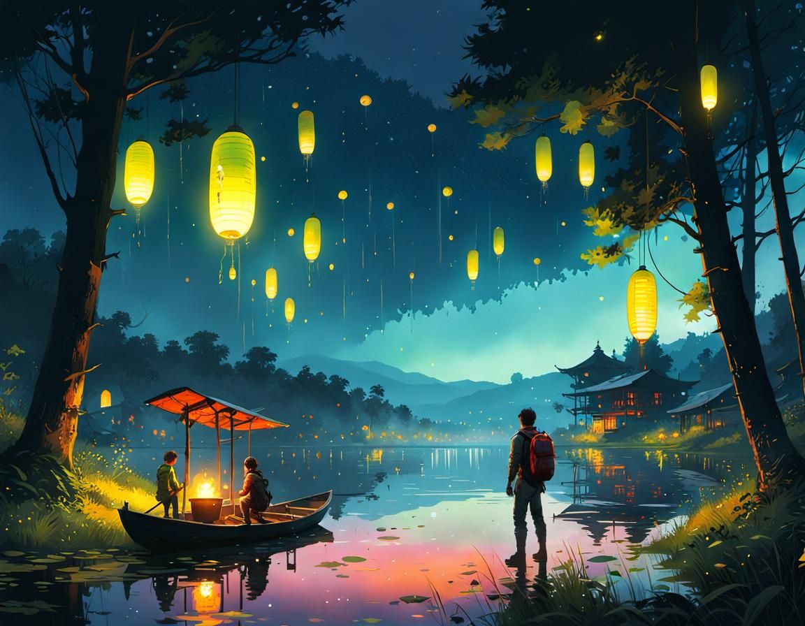 Fireflies by the Lake: Digital Illustration in 8k