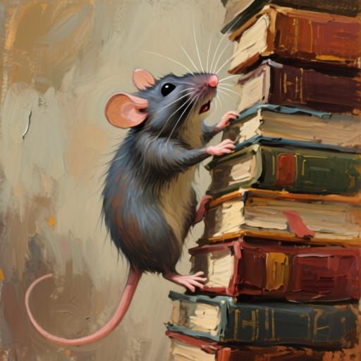 Mouse Climbs Towering Books in Expressive Oil Painting