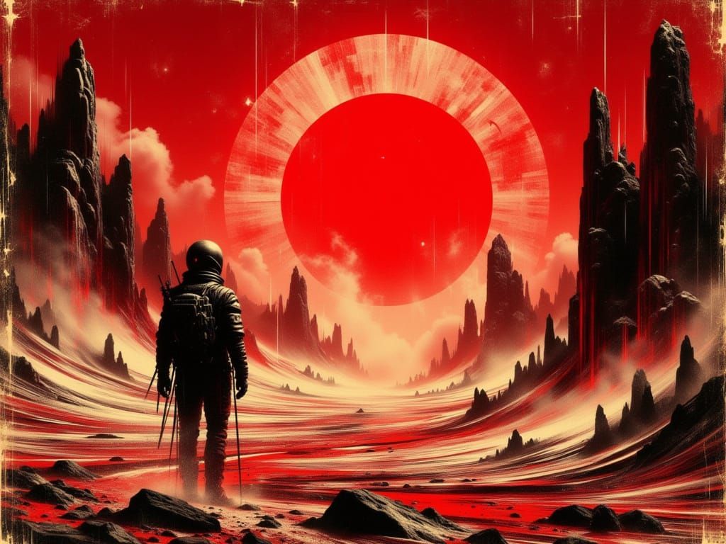 Alien Wanderer Finds Red Circle in Desolate Landscape