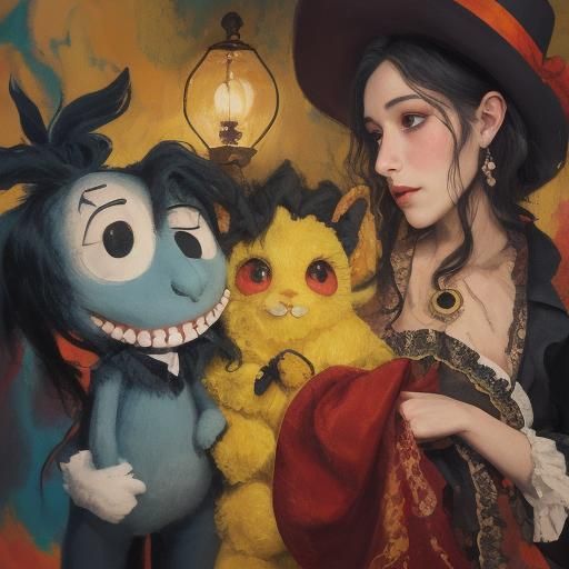 Surreal Vampire and Rabbit Music Duet as Oil Painting
