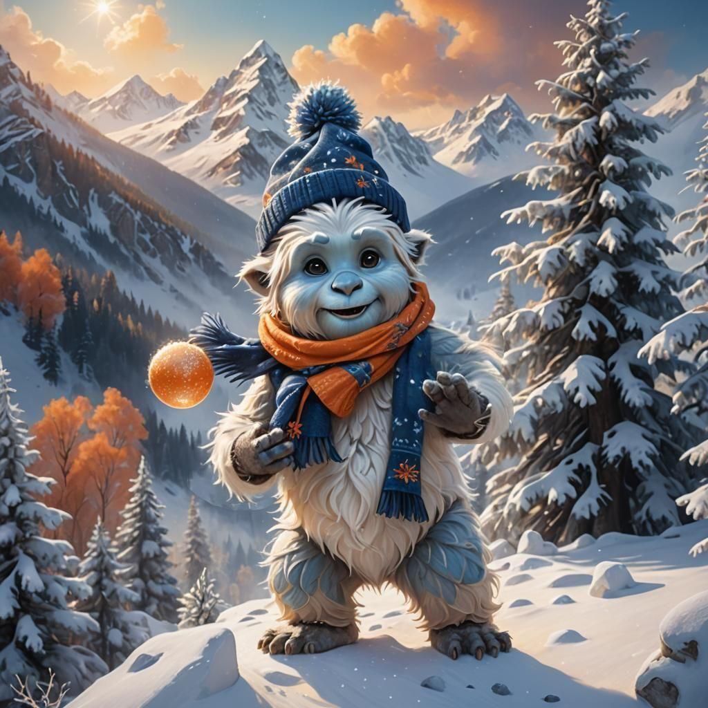 Adorable Baby Yeti Plays in Snowy Mountains