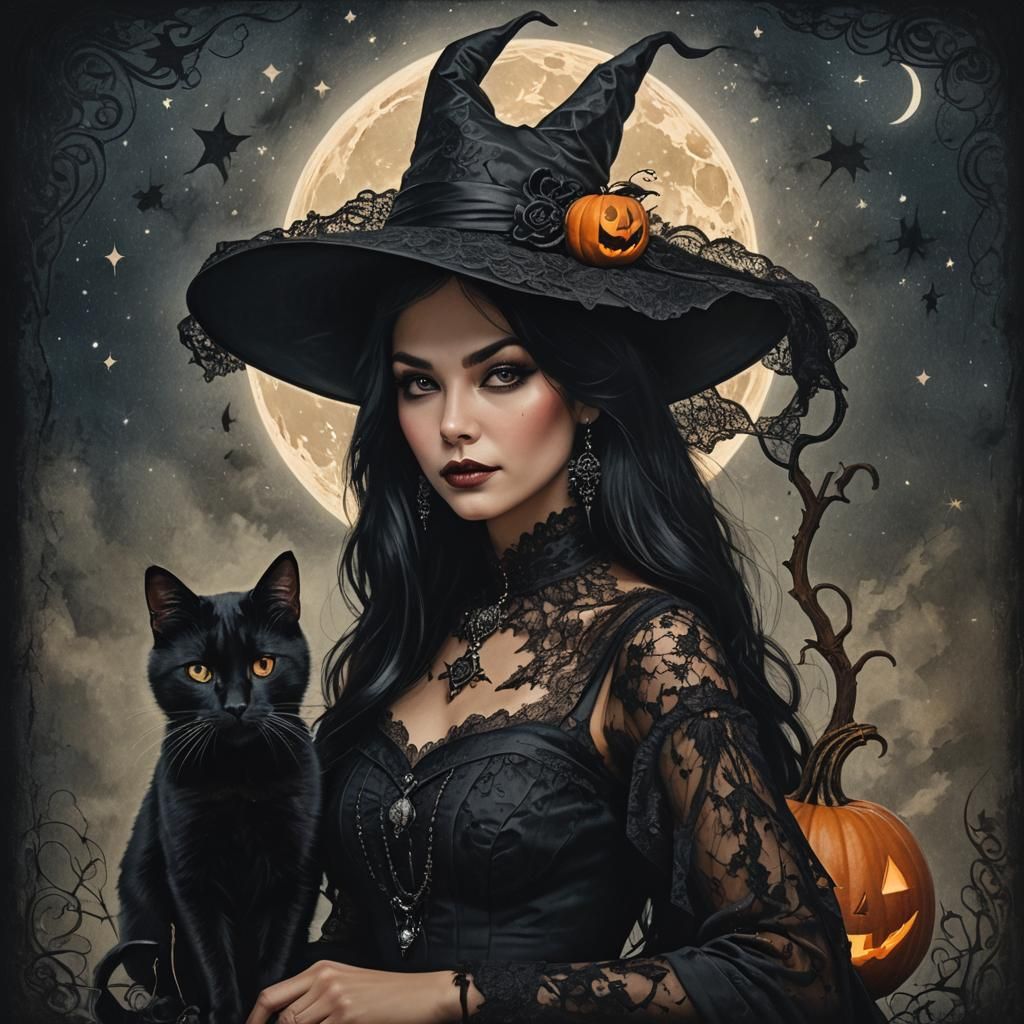 Dark Fantasy Witch Portrait in Starry Night Sky