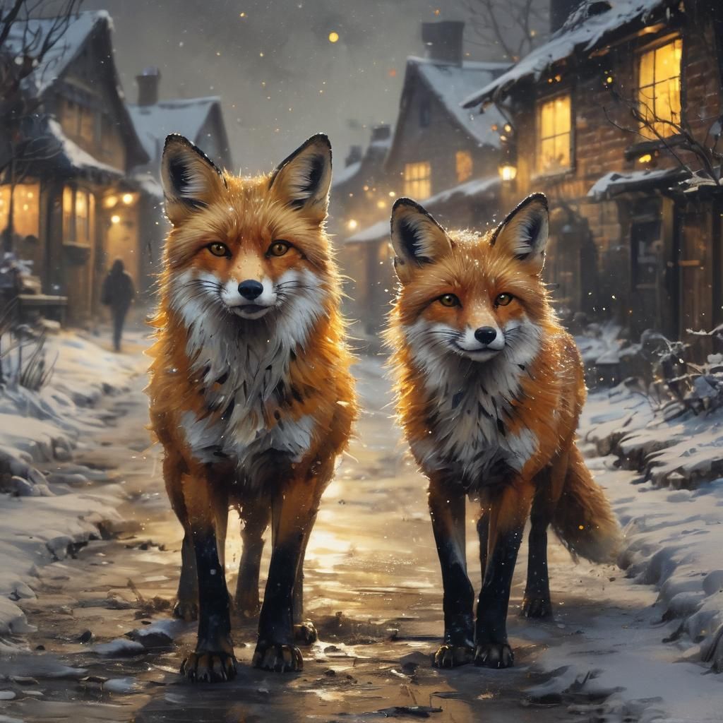 Foxes in Winter Village: Watercolor Ink Splatter Art