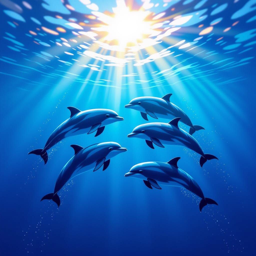 Dolphins Swim in Sunlit Ocean Depths