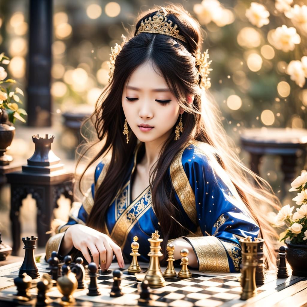 Elegant Princess Plays Chess in Ancient China Style