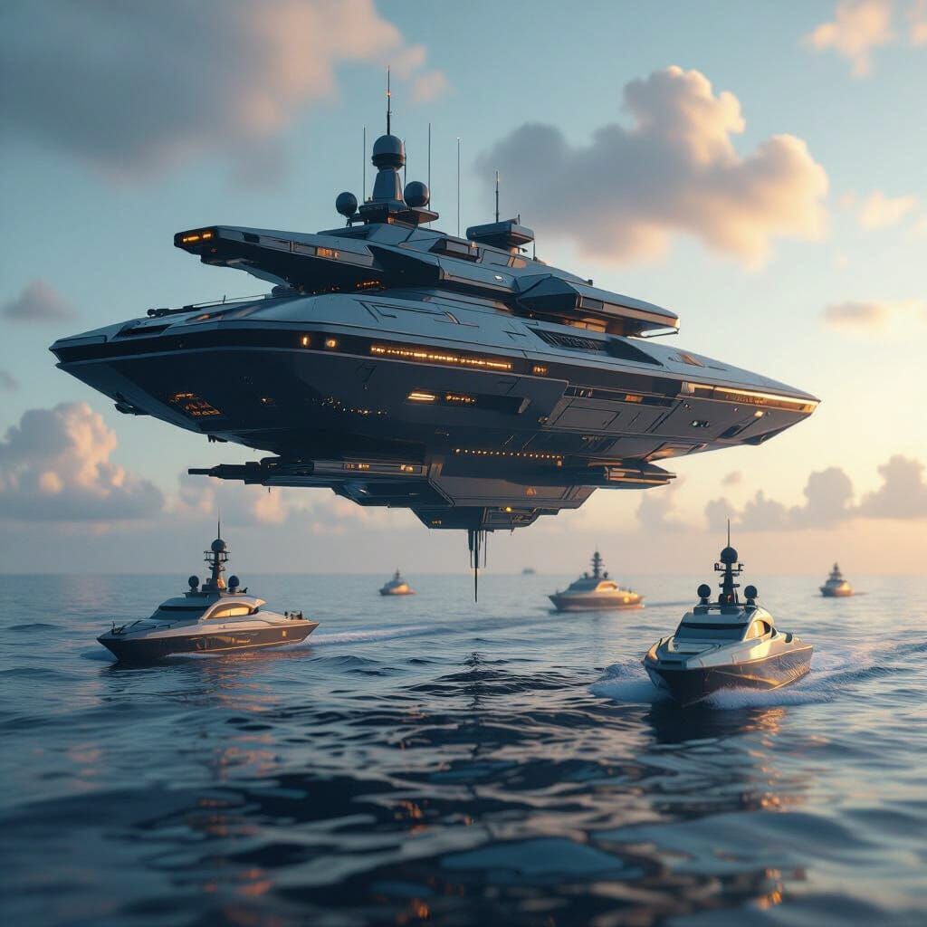 Futuristic Ocean Mansion with Warships in Cinematic Style