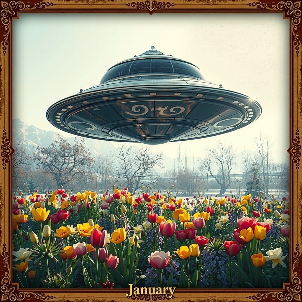 Surreal UFO Lands in Vibrant Winter Garden in Photorealistic...