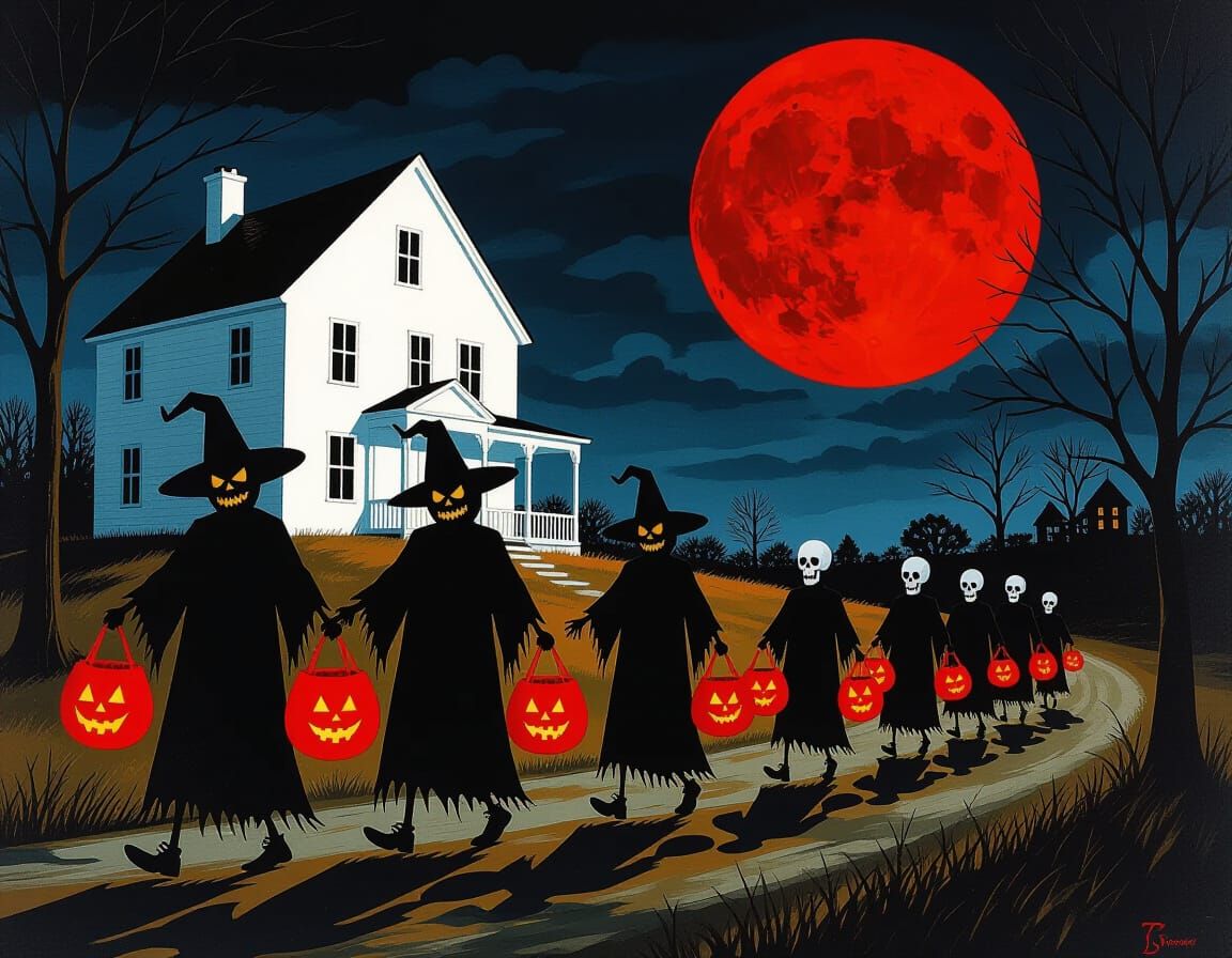 Dark Fantasy Halloween Night with Skeletons and Scarecrows