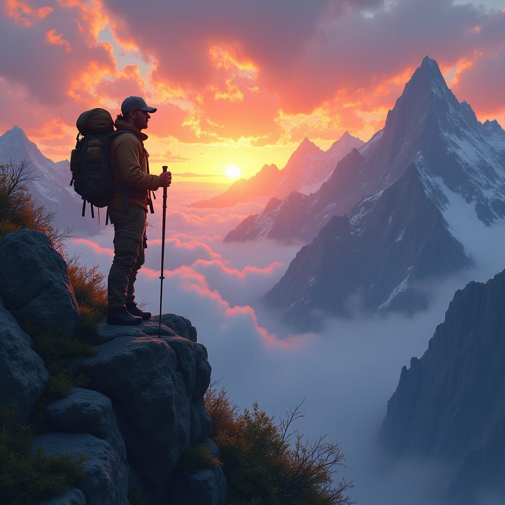 Hiker at Sunset in Cinematic Landscape