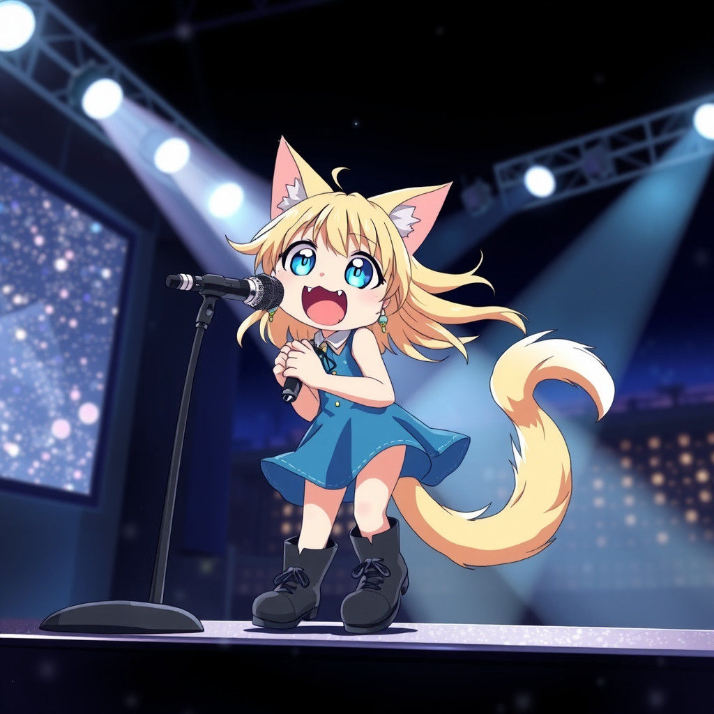Anime Catgirl Singing on Concert Stage at Night