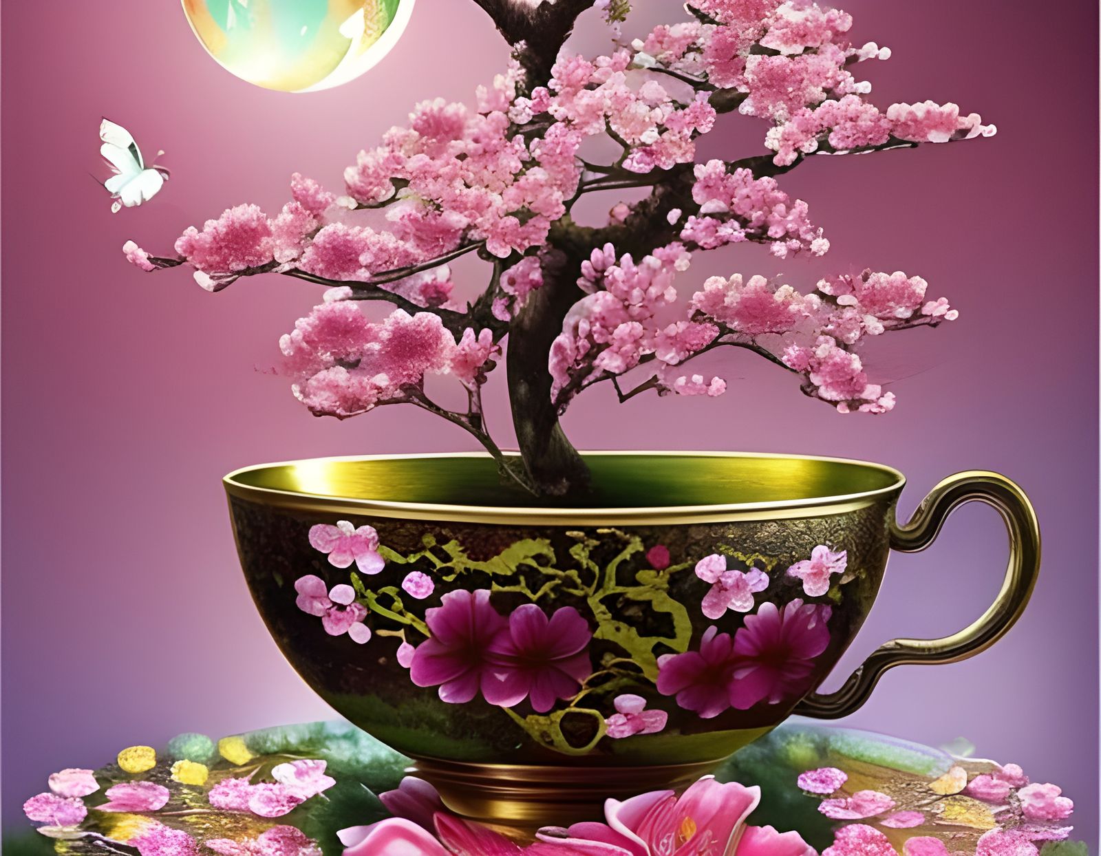 Ornate Cherry Blossom Teacup Illustration