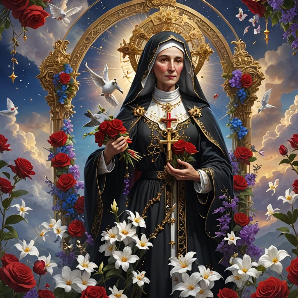 St Rita of Cascia with Roses in Radiant Sky