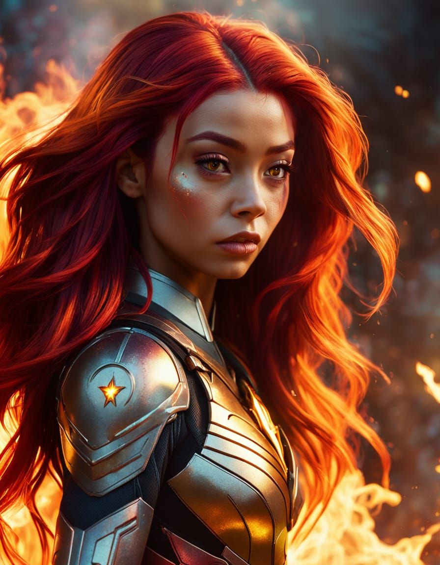 Starfire Superheroine with Flaming Red Hair