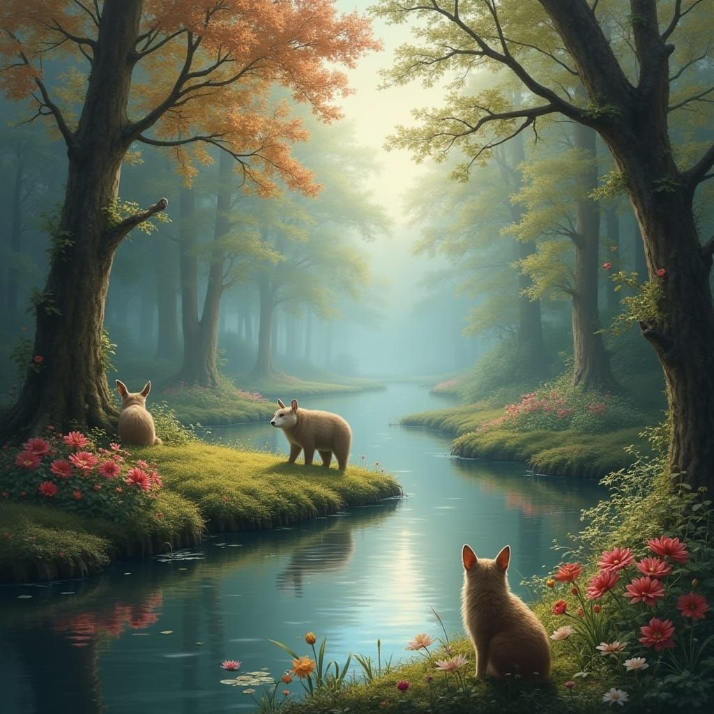 Forest Animals at Pond in Ethereal Fantasy Style