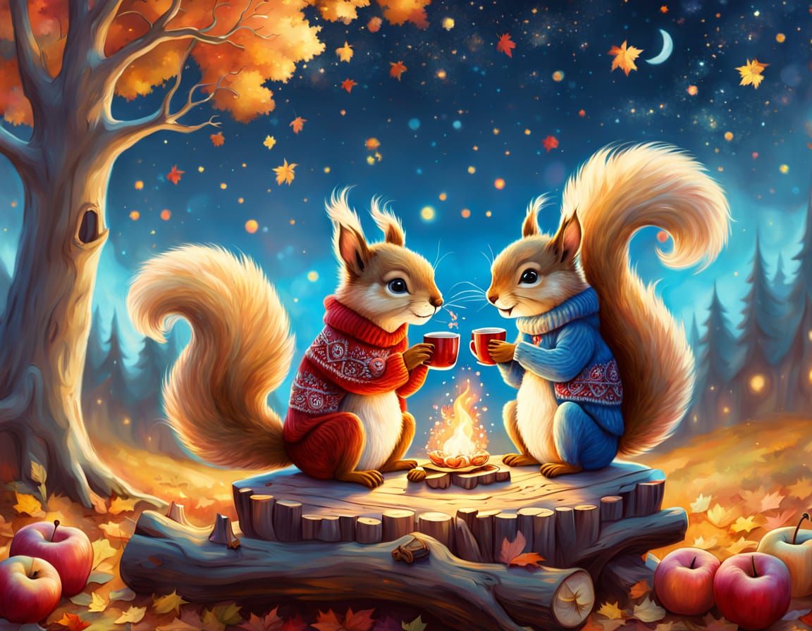Squirrels' Autumn Date Night: A Fantasy Storybook Scene
