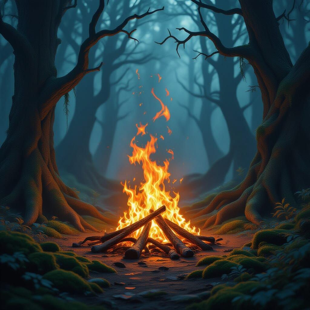 Mystical Forest Firelight in Ancient Clearing