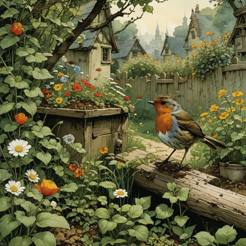 Robin Watches Little Gardener, Illustrated Fantasy Art