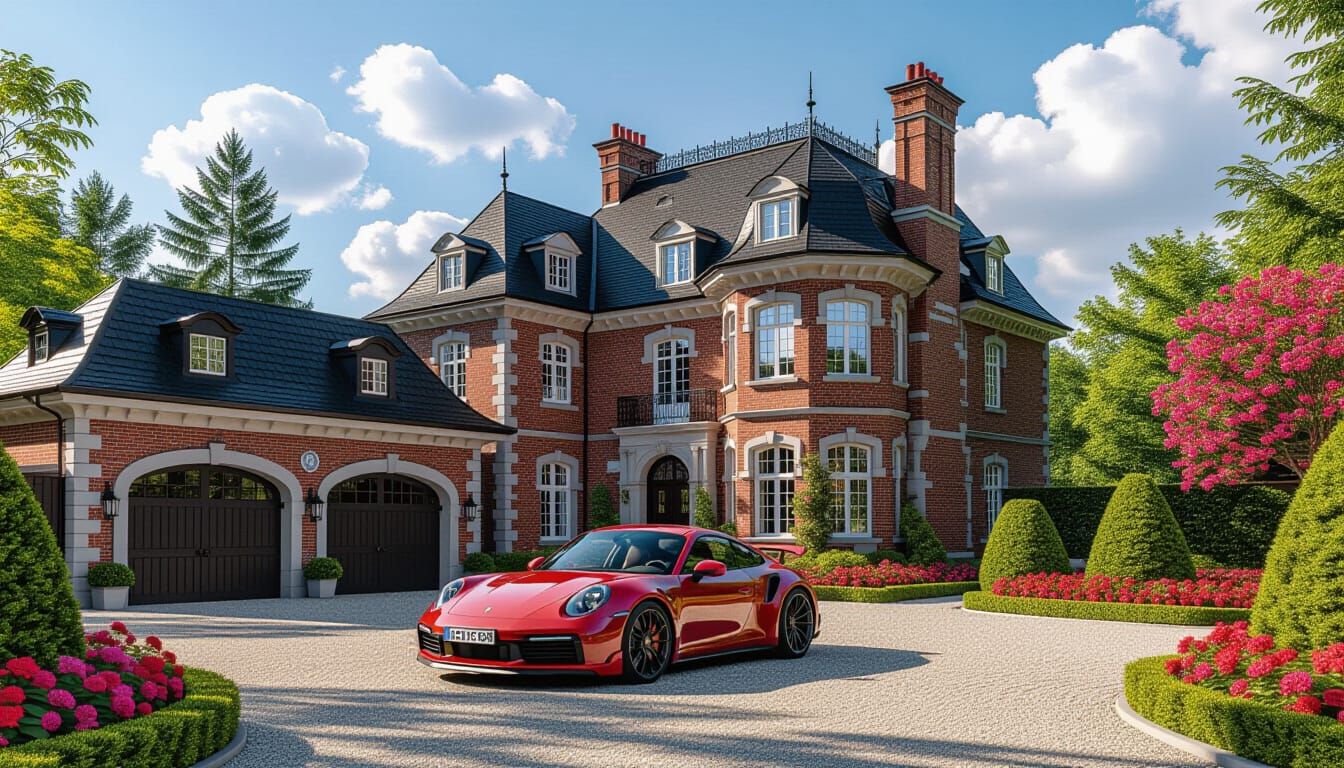 Grand Victorian Chateau with Red Porsche 911
