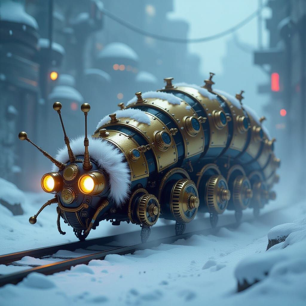 Steampunk Caterpillar in Snowy Industrial Landscape