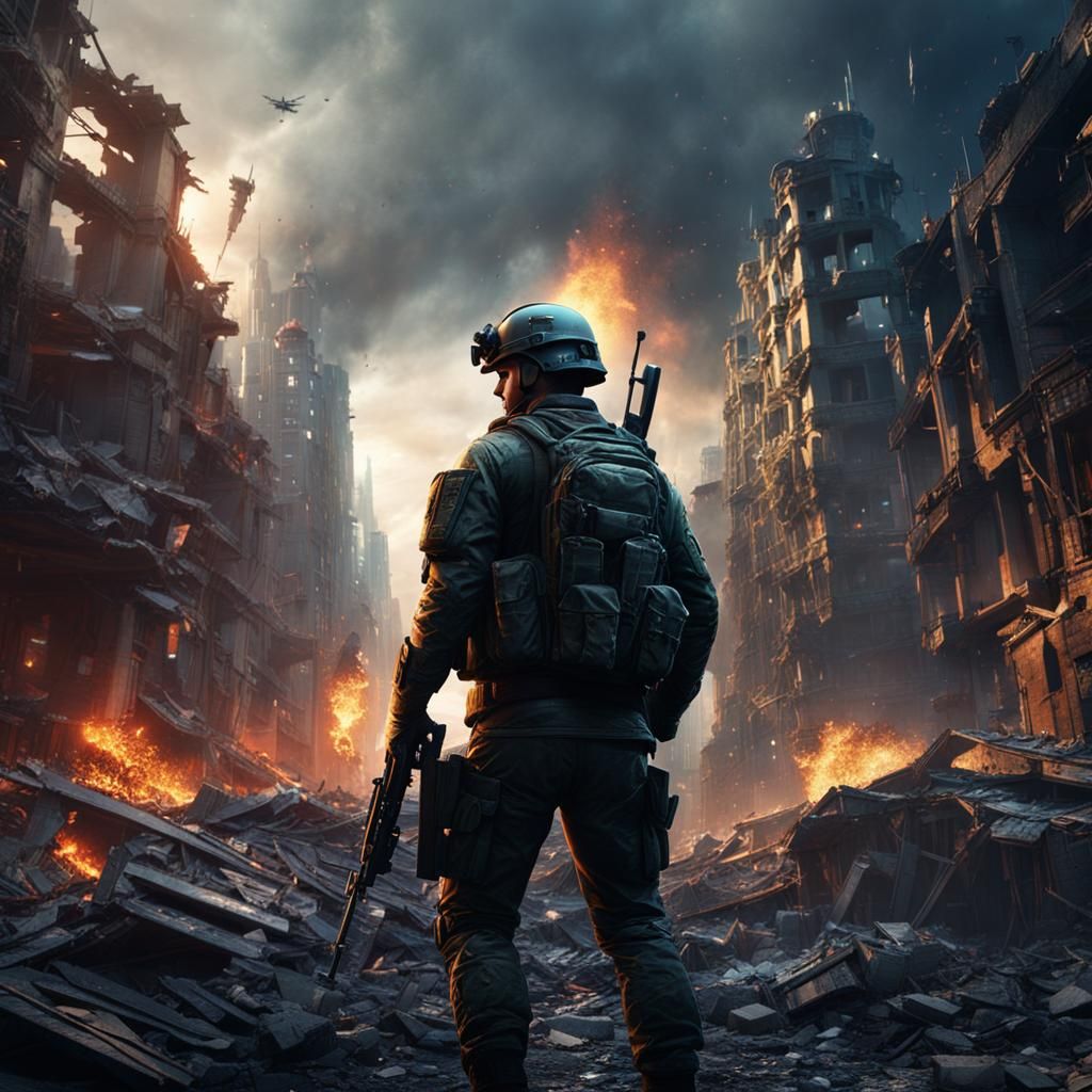 Modern Soldier in a Destroyed Cityscape