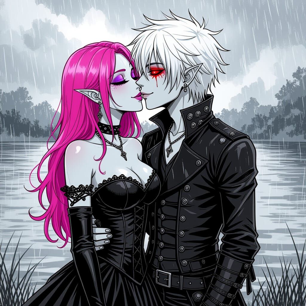 Pink-Haired Woman Kisses White-Haired Man in Ink Style