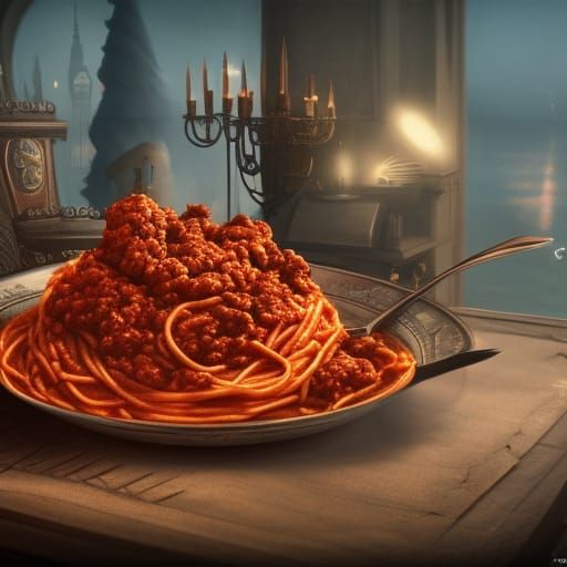 Savory Spaghetti Bolognese in Vibrant, Fantastical Landscape