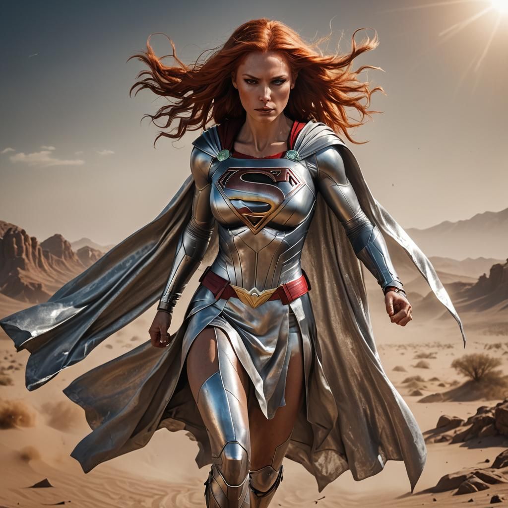 Supergirl in Wasteland Desert, Detailed Matte Painting