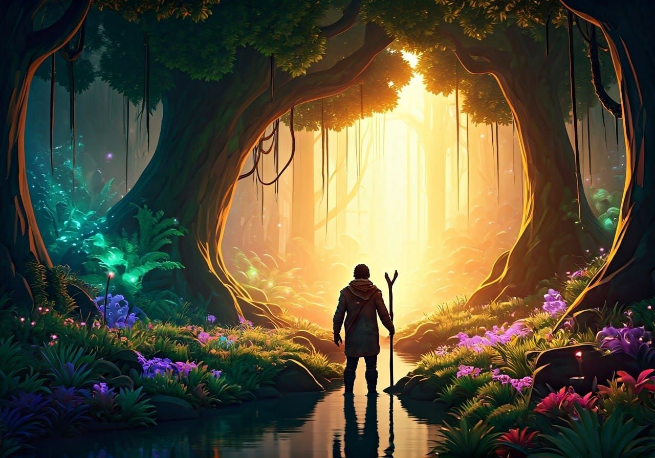Mystical Glowing Forest Adventure in Digital Art Style