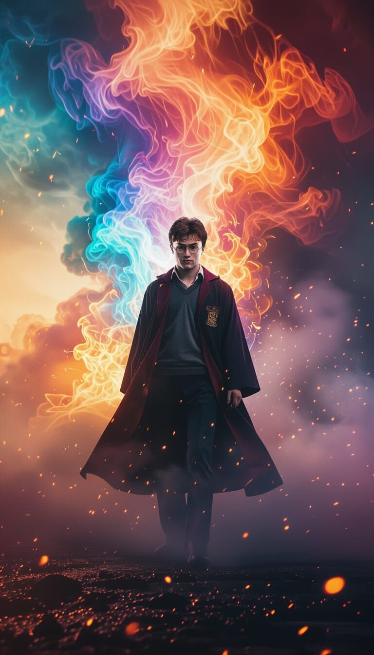 Harry Potter Amidst Swirling Flames: Cinematic HDR Image