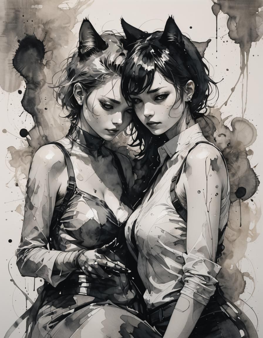Modern Ink Fusion of Cat and Lesbian Couple
