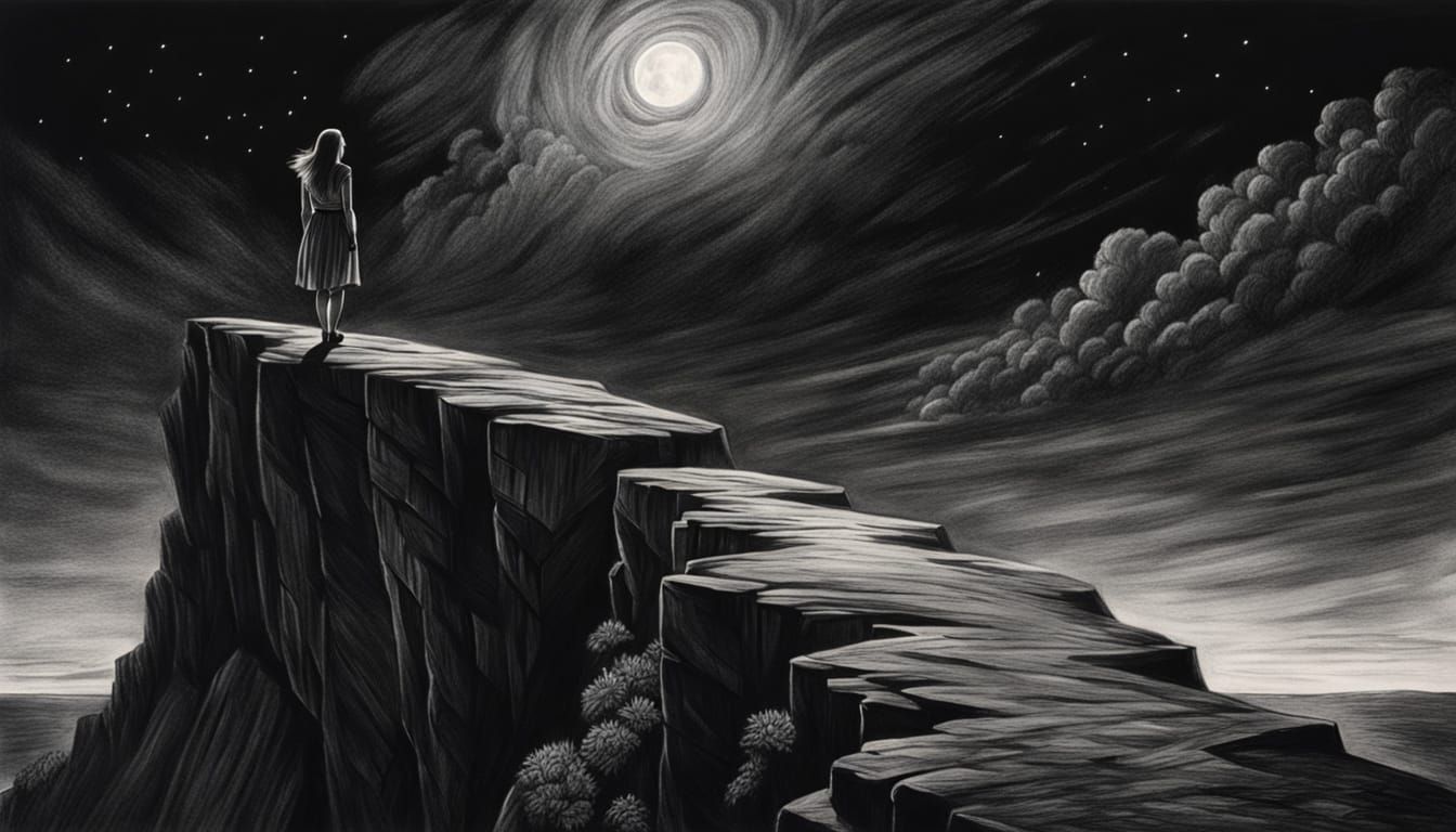 Woman at the Edge of a Cliff in a Dramatic Black-and-White C...