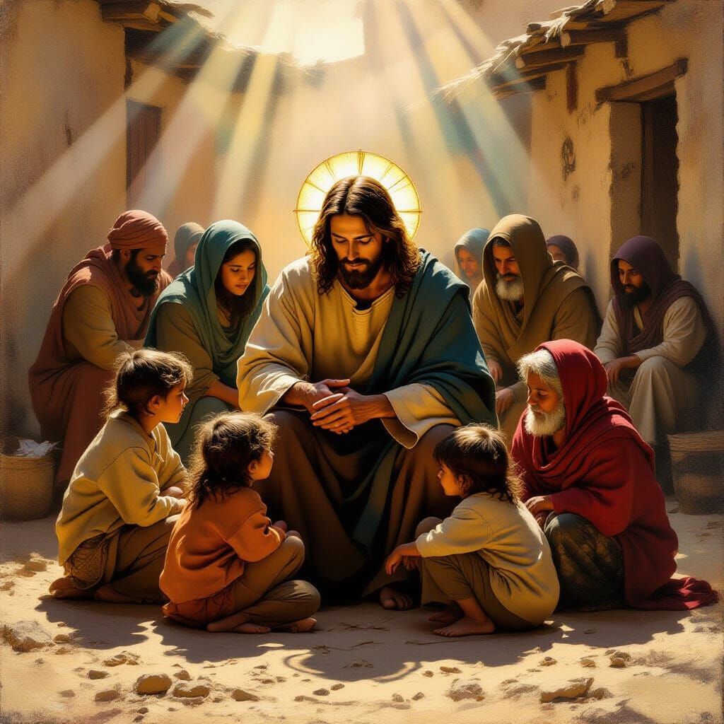 Jesus Christ Embraces the Poor in Oil Painting Style