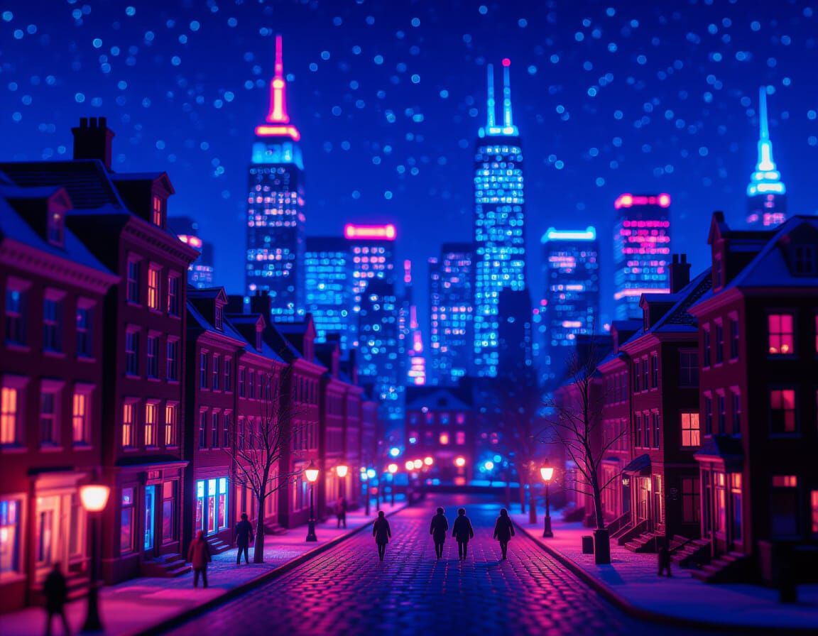 Neon Cityscape Miniature in Tilt-Shift Realism