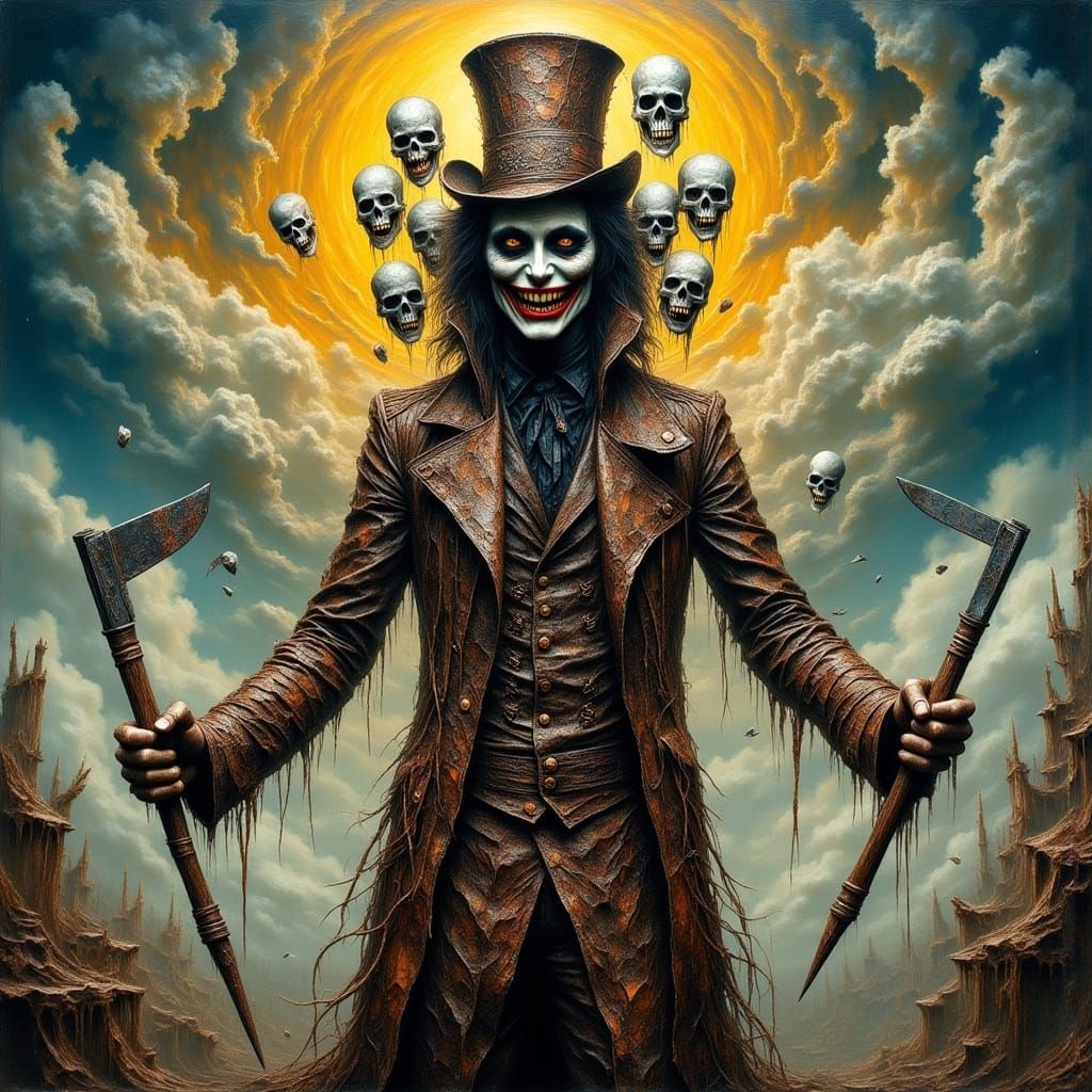 A nightmarish surreal Mad Hatter figure