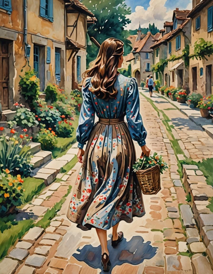 1940s Woman in Gouache Style Walking in Village