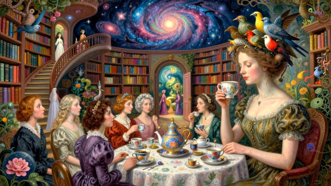 Surreal Tea Party With Birds in Hair in a Glowing Library