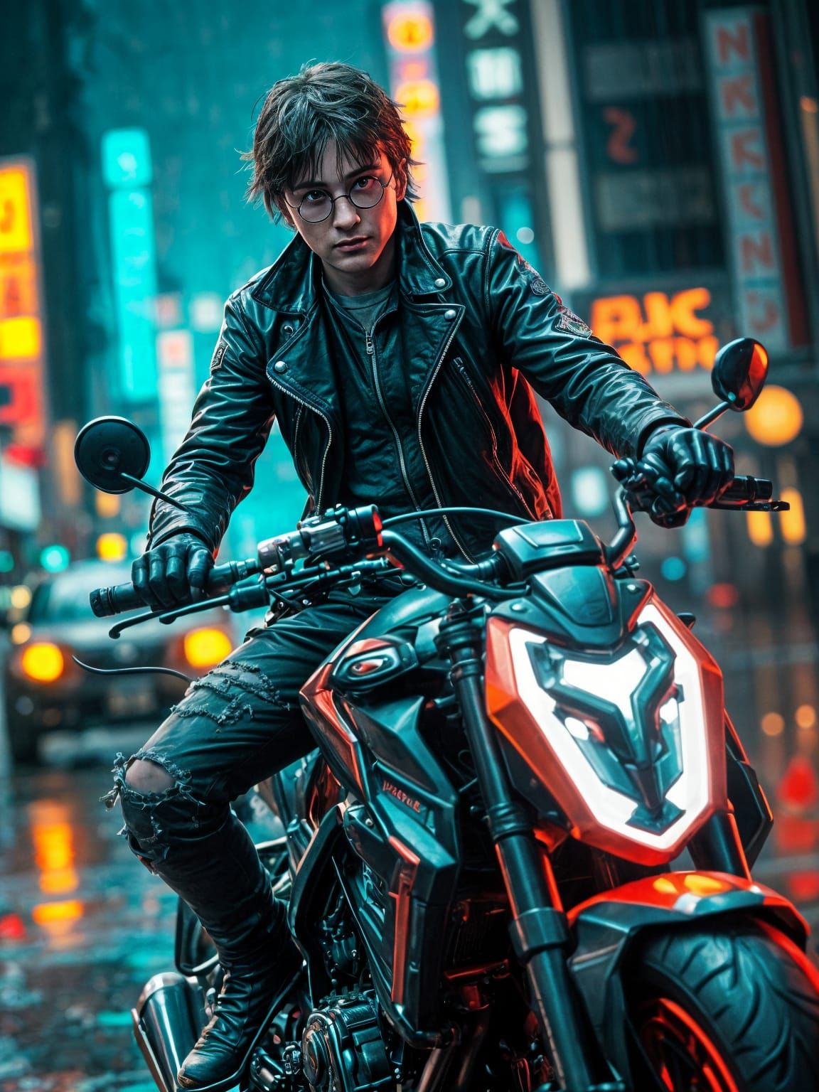 Cyberpunk Harry Potter on Futuristic Motorcycle