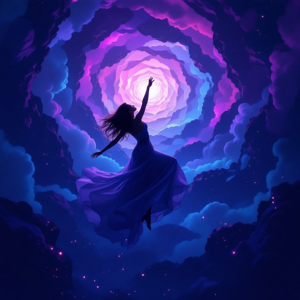 Surreal Woman Ascending Through Dreamlike Dimensions