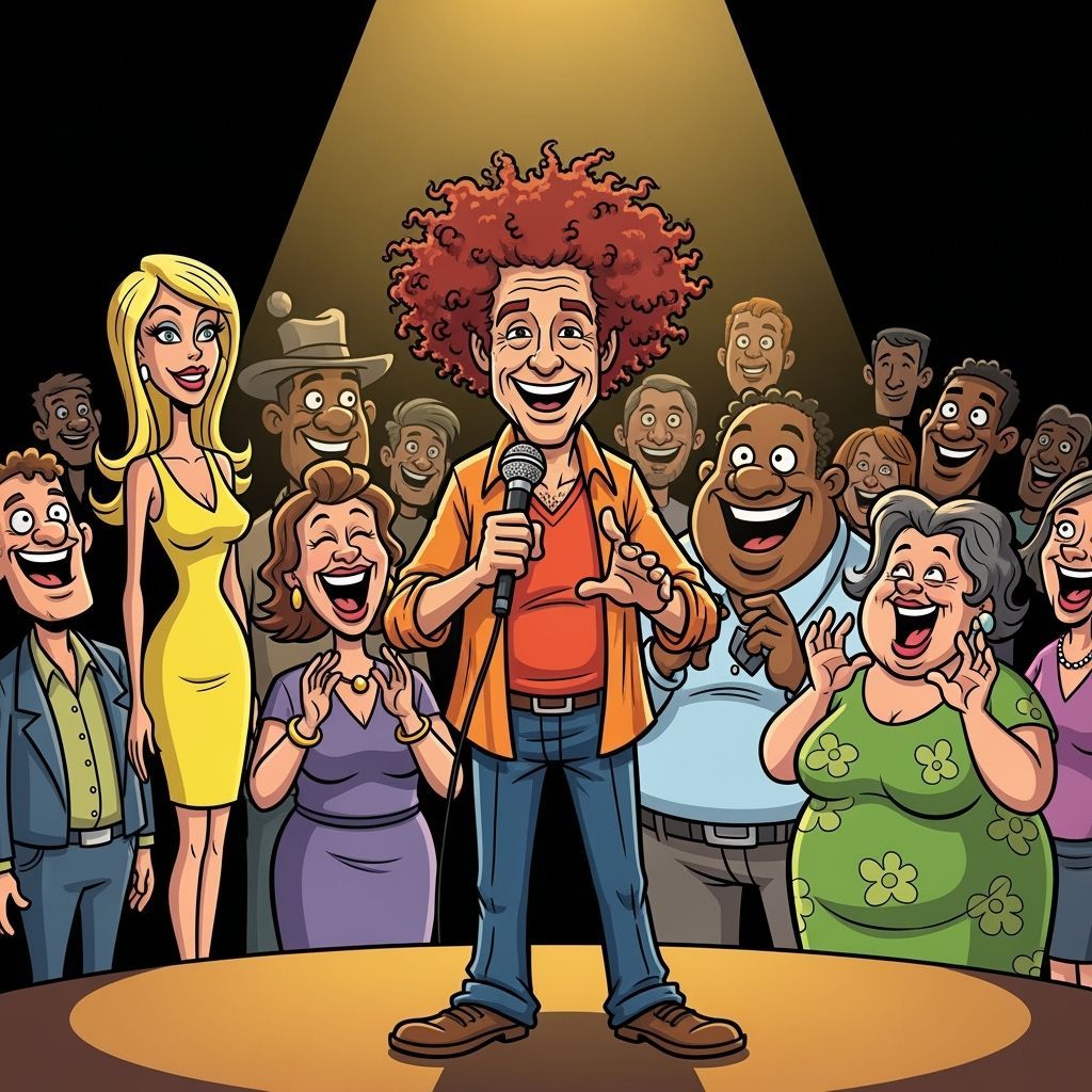 Cartoon Comedian Telling Joke to Laughing Audience