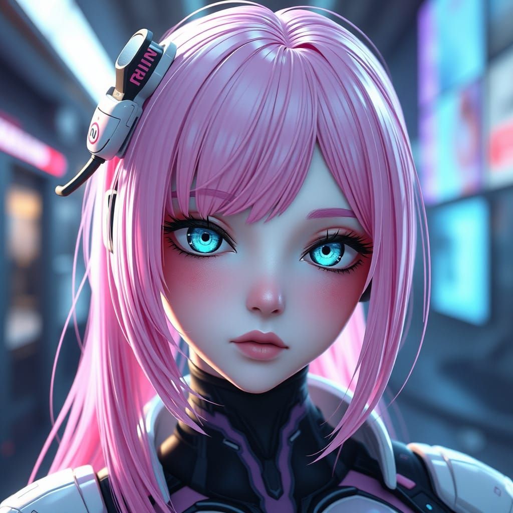 Anime Female Android in Vibrant Pink Hair with Teal Eyes
