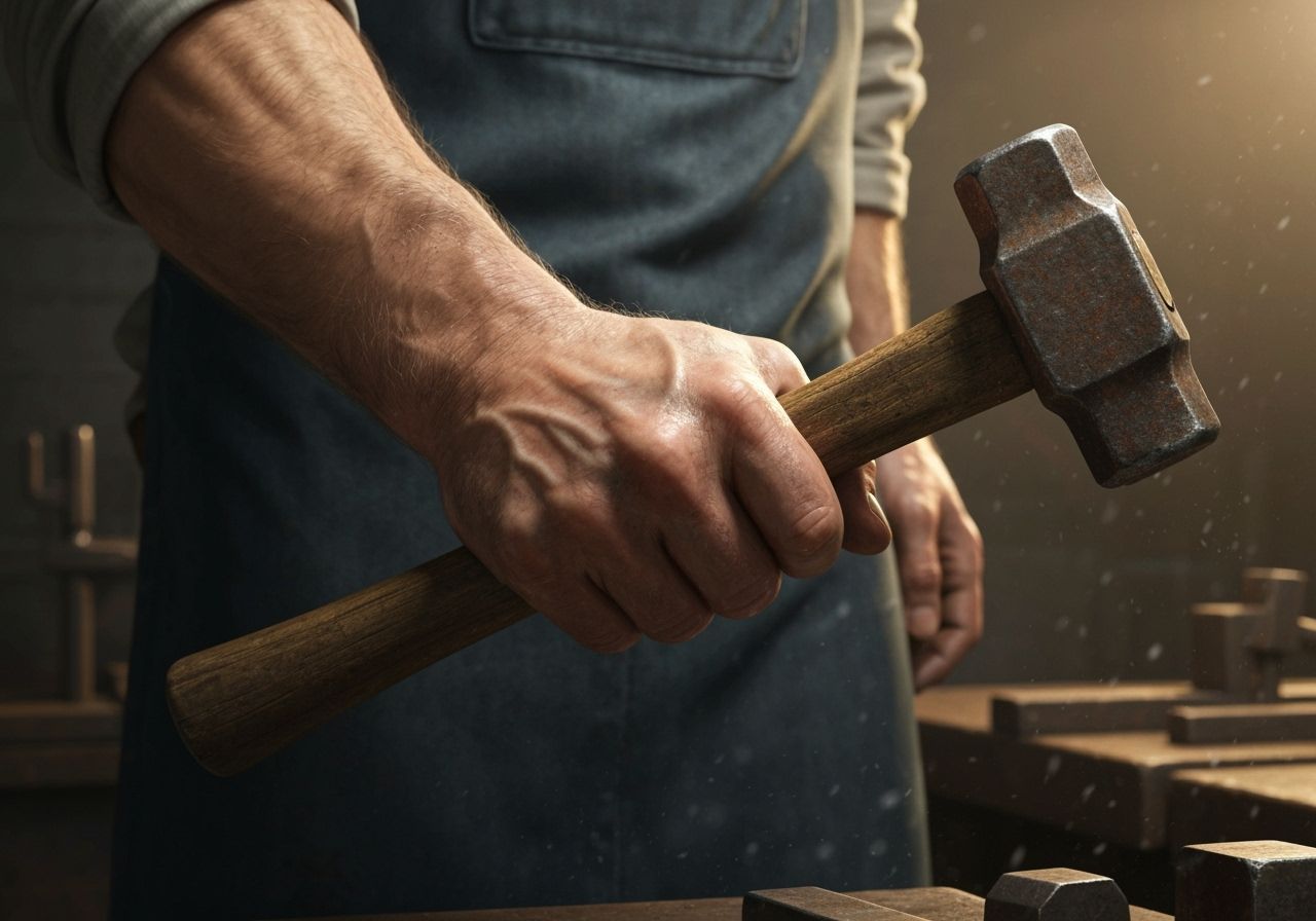 Industrial Worker's Hand Gripping Hammer in Workshop