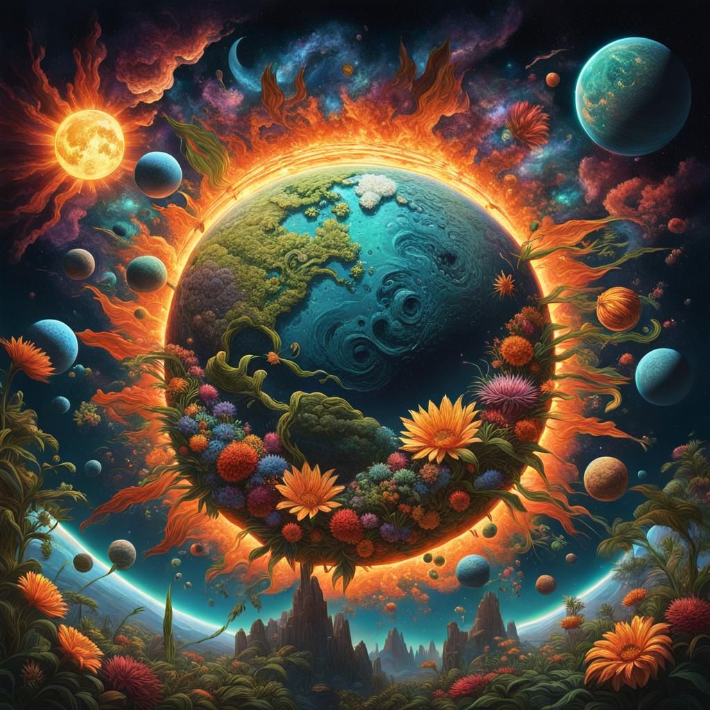 Botanical Paradise with Planets and Volumetric Lighting